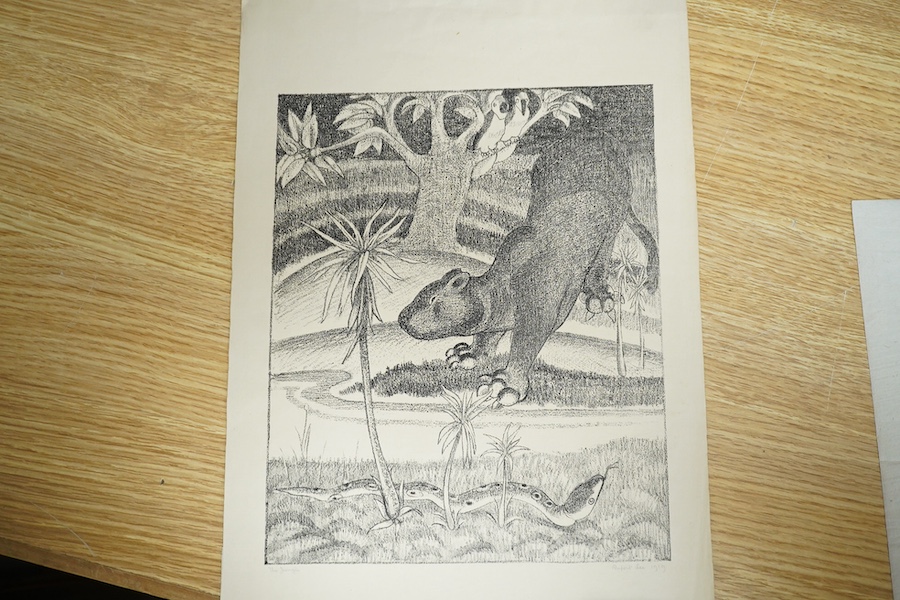 Rupert Lee (1887-1959), three wood engravings and a lithograph; 'The Dwarf', signed and dated 1920, numbered 2.2, sheet 32 x 26cm; 'The Mill', signed and dated 1920, 16 x 11cm; 'Elephant & Tiger', signed and dated 1919,